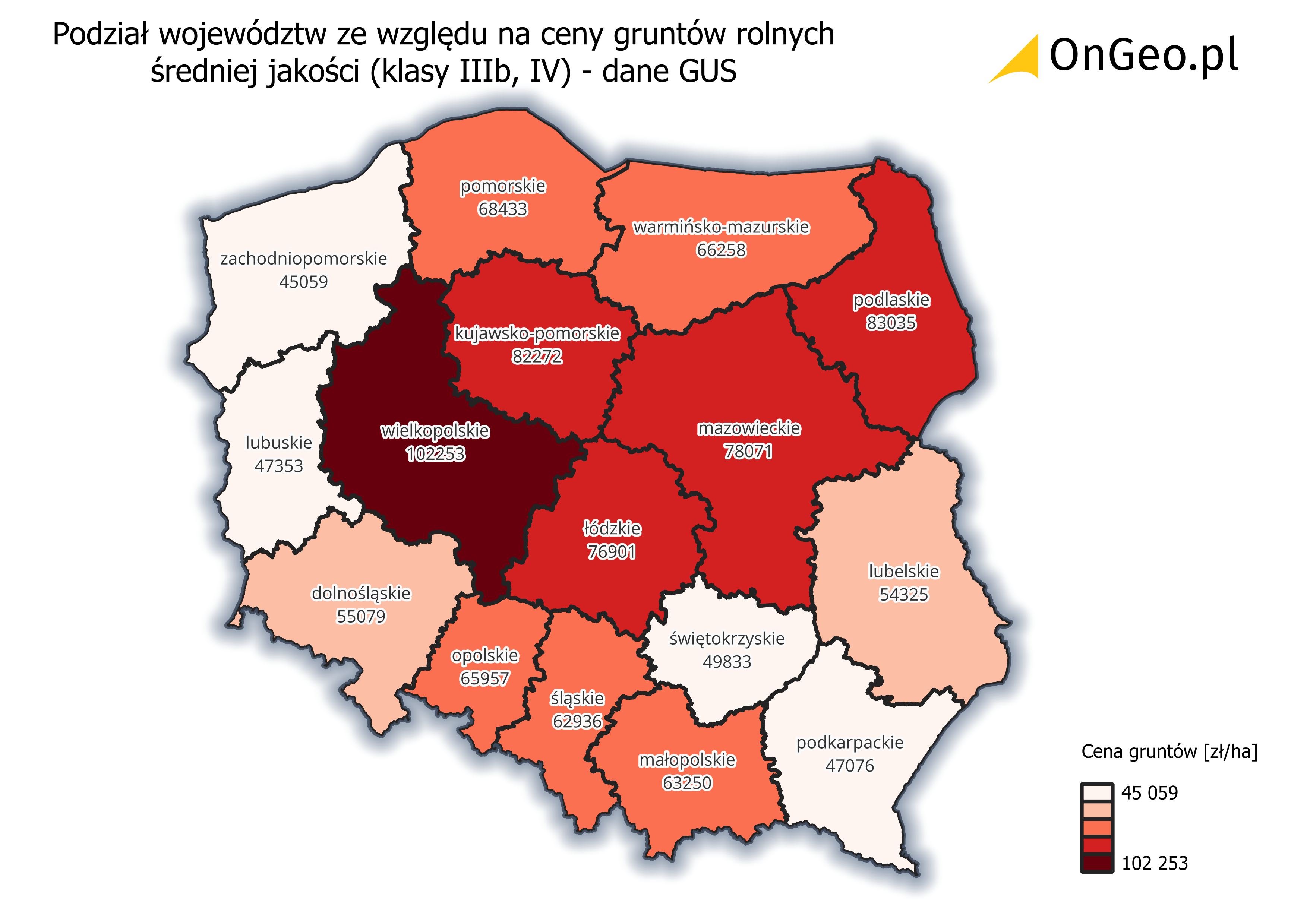 Ceny gruntów rolnych średniej jakości (klasy IIIb i IV) w podziale na województwa.
