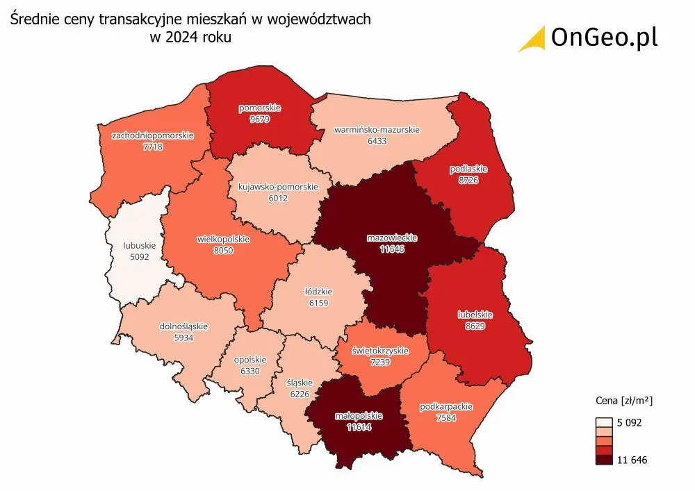 Średnie ceny transakcyjne mieszkań w województwach w 2024 roku.