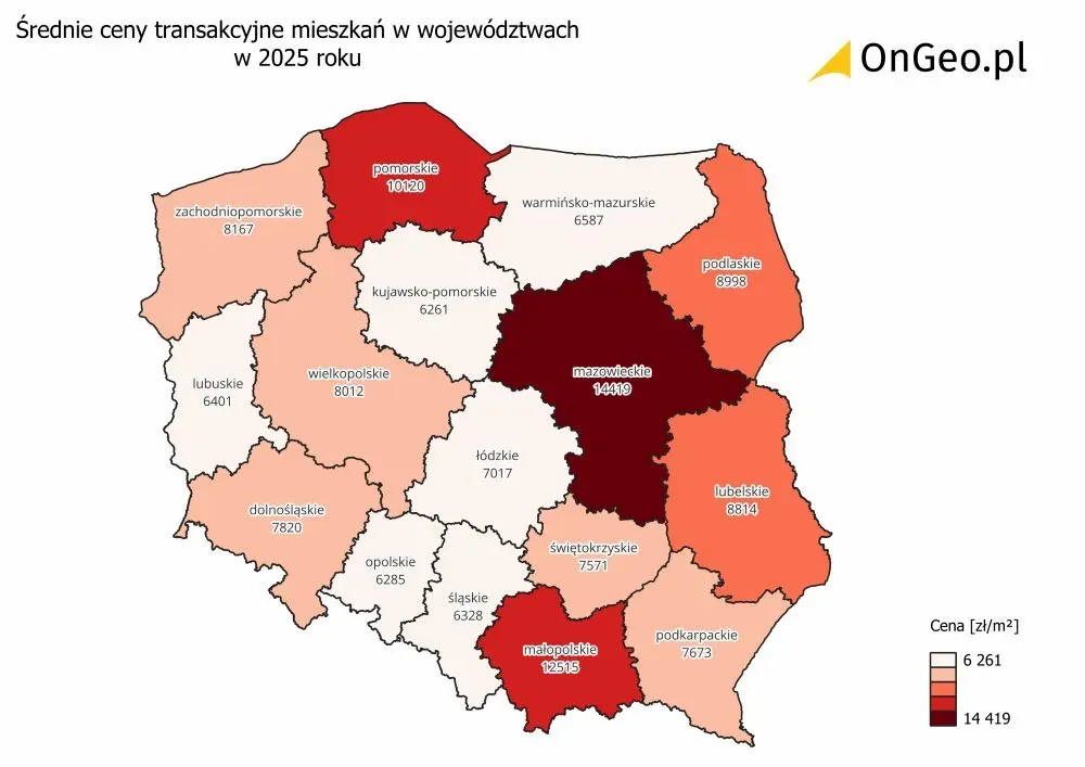 Średnie ceny transakcyjne mieszkań w województwach w 2025 roku.