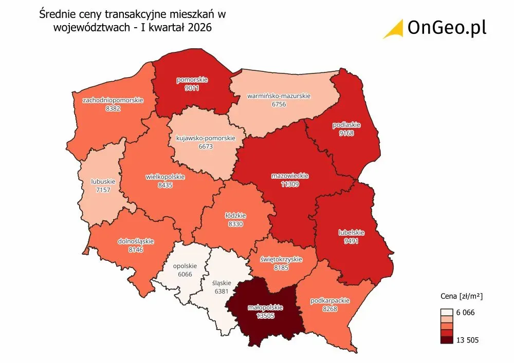 Średnie ceny transakcyjne mieszkań w województwach w I kwartale 2026 roku.