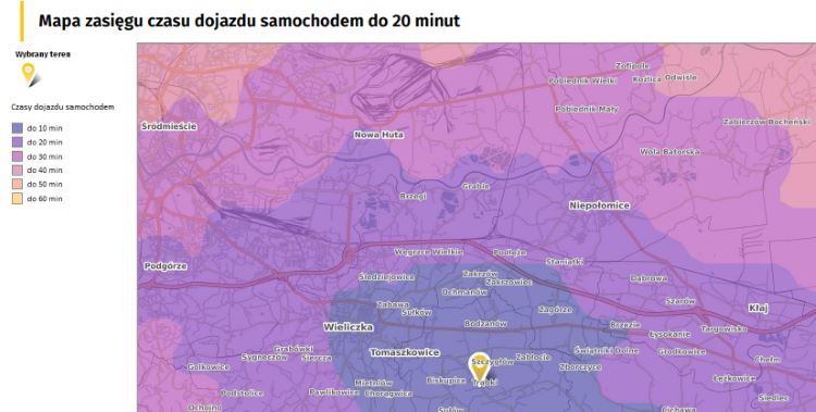 Mapa czasu dojazdu samochodem do 20 minut od granic działki, OnGeo.pl