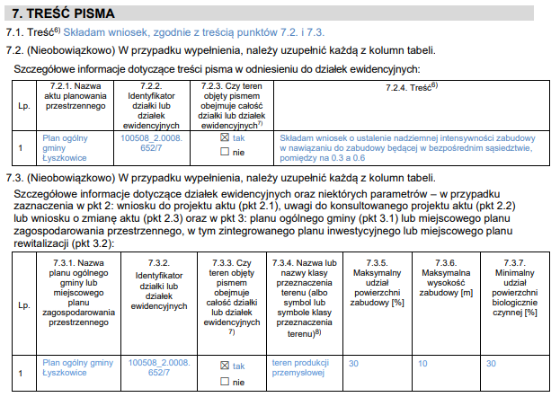 Przykład wypełnionego formularza. 