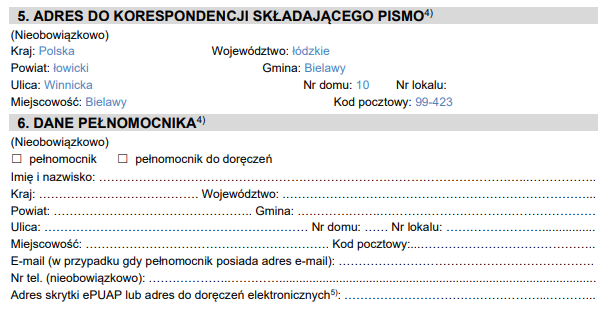 Przykład wypełnionego formularza. 