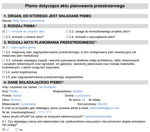 Przykład wypełnionego formularza. 