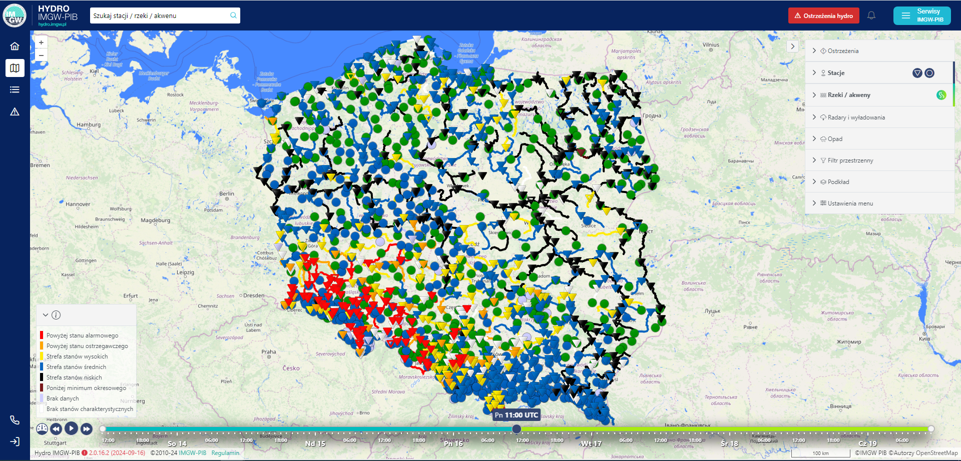 Mapa stanów wód w rzekach - hydro.imgw.pl