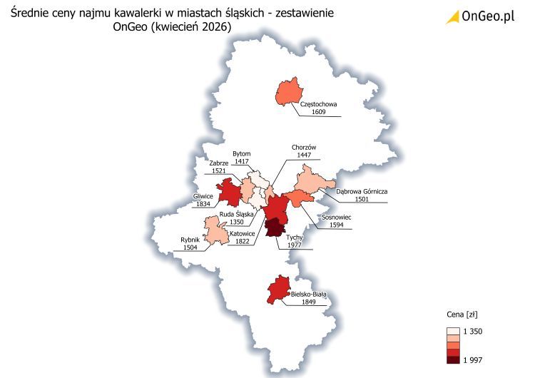 Średnie ceny najmu kawalerek w miastach śląskich, zestawienie OnGeo, kwiecień 2026. 
