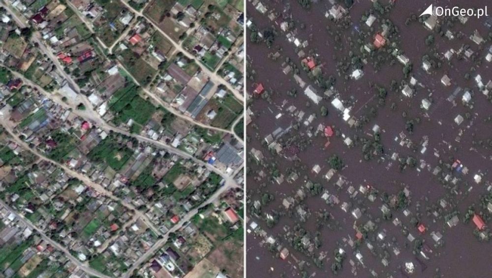 Zdjęcia satelitarne po zniszczeniu zapory na Dnieprze