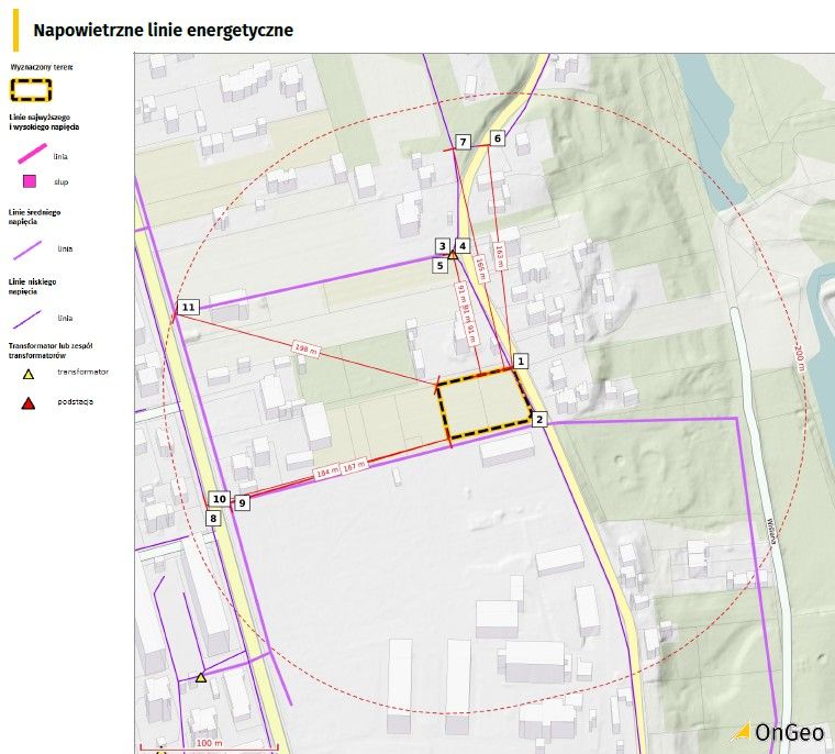 Mapa linii elektrycznych w Raporcie o terenie OnGeo.pl.