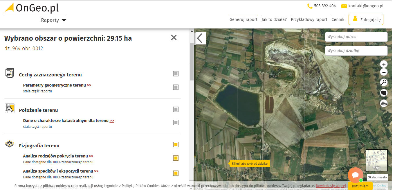 Lokalizacja terenu wyrobiska zlikwidowanej kopalni Adamów, która obecnie została przekształcona na farmę fotowoltaiczną – Geoportal OnGeo