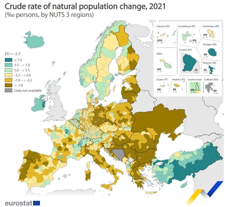 Wskaźnik przyrostu naturalnego w krajach UE w 2021 roku, źródło: EUROSTAT
