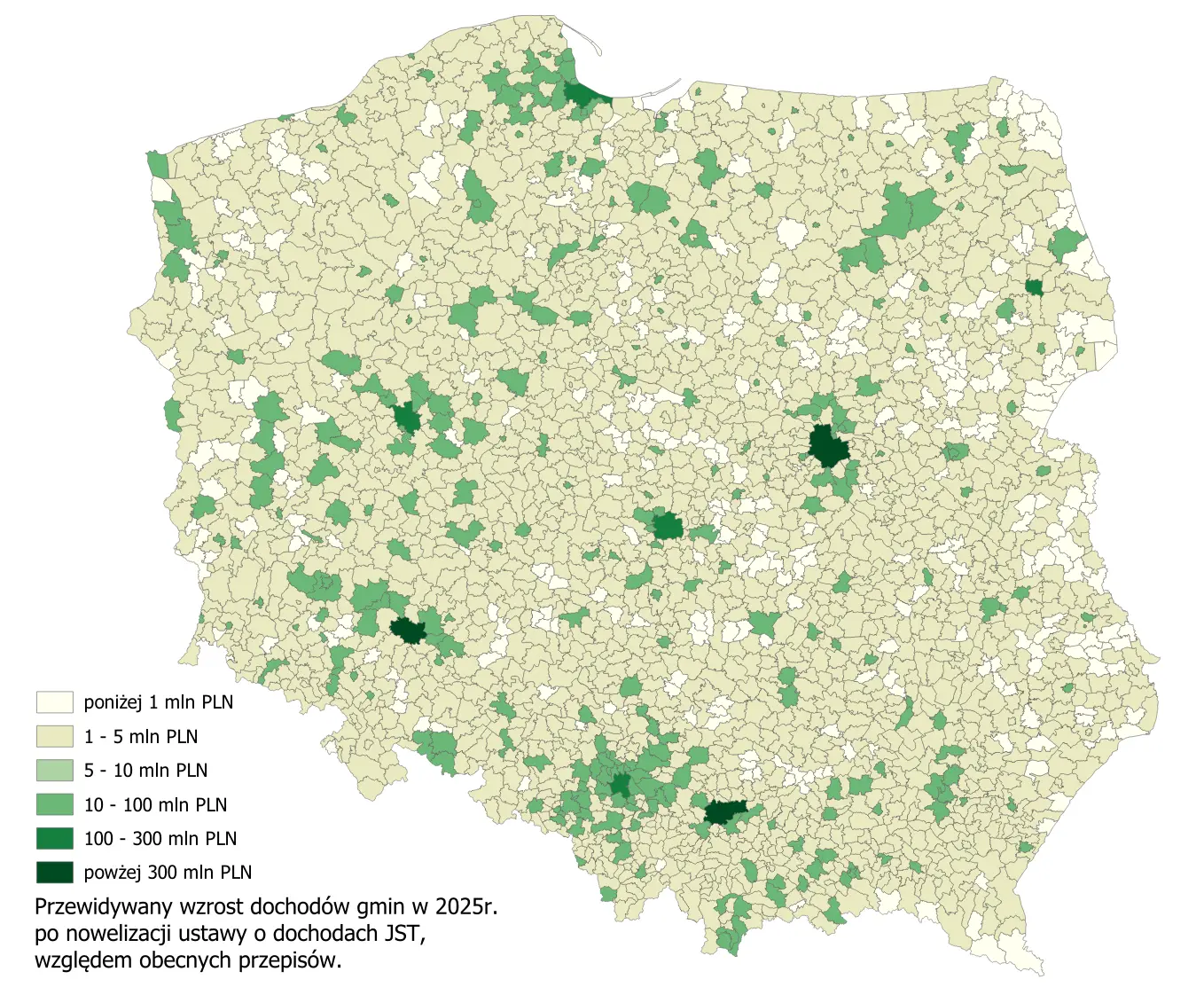 Mapa dochodów gmin - wzrost kwotowy