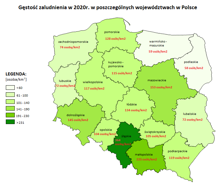 Średnia gęstość zaludnienia w poszczególnych województwach w Polsce w 2020r.; opracowanie własne na podstawie danych GUS