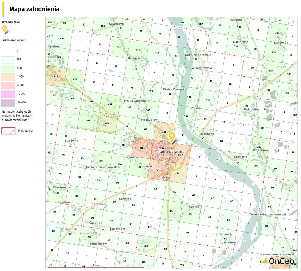 Mapa zaludnienia w promieniu 5 km od wybranej działki, Raport o terenie