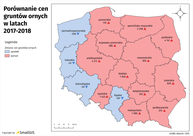 Mapa zmian cen gruntów rolnych z podziałem na województwa