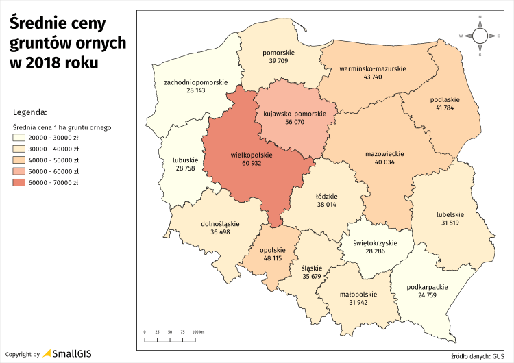 Mapa cen gruntów rolnych z podziałem na województwa