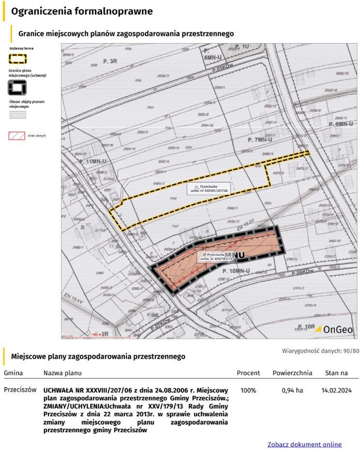 Działka znajduje się na terenie MPZP - częściowo w strefie zabudowy mieszkaniowej jednorodzinnej, OnGeo.pl