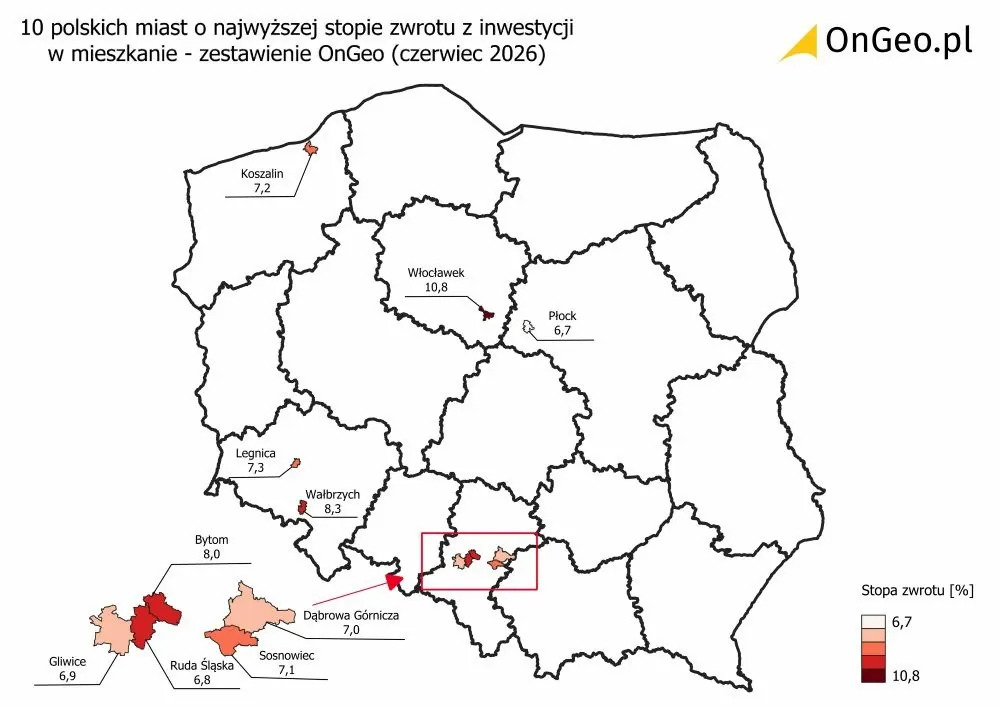 10 miast wg zestawienia OnGeo o najwyższej stopie zwrotu z najmu mieszkania, czerwiec 2026.