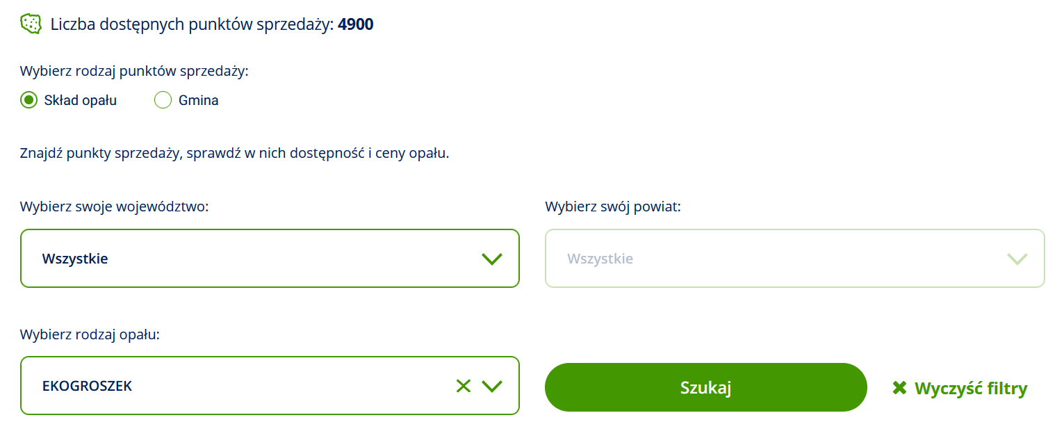Wyszukiwarka cen węgla i opału na stronie cieplo.gov.pl.