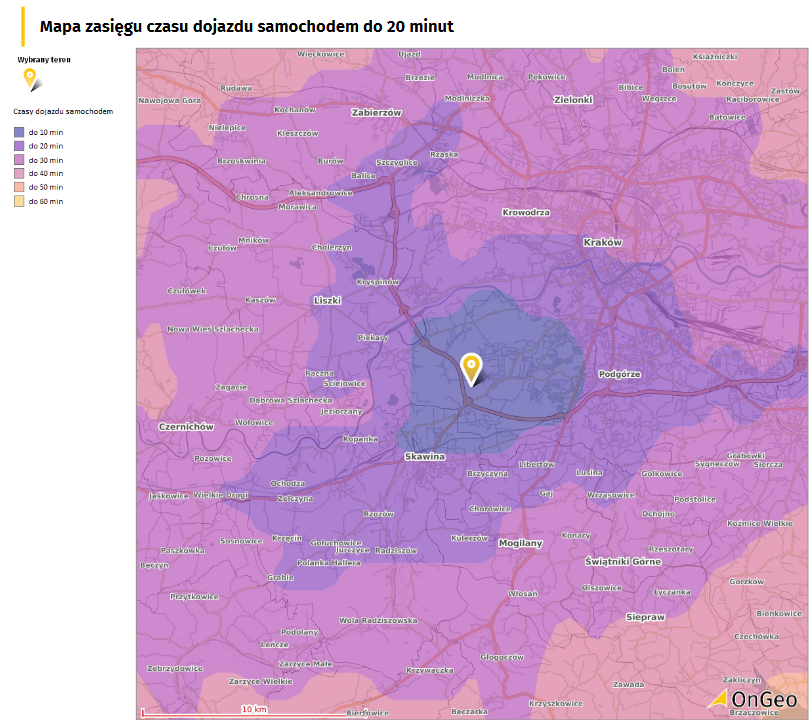 Raport o terenie OnGeo.pl - Mapa zasięgu czasu dojazdu samochodem do 20 minut