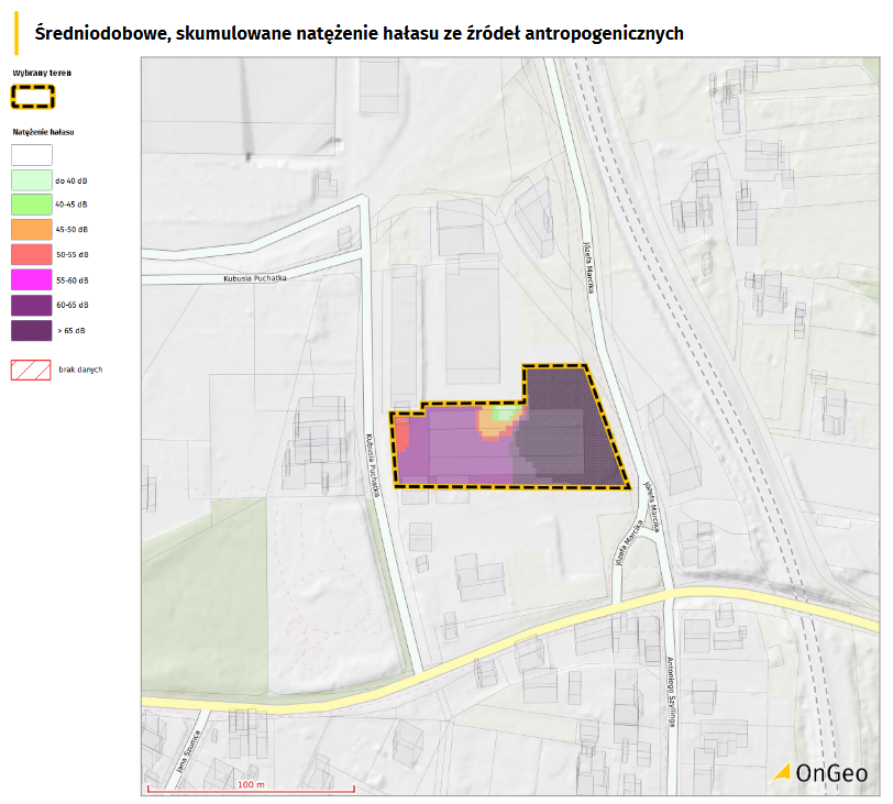 Raport o Terenie OnGeo.pl - Średniodobowe, skumulowane natężenie hałasu ze źródeł antropogenicznych