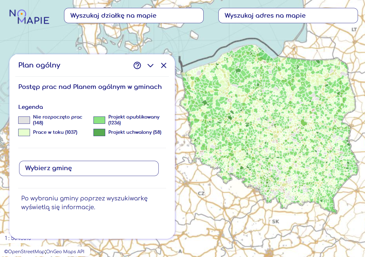 Postęp prac nad Planem ogólnym w gminach w Geoportalu Na Mapie.