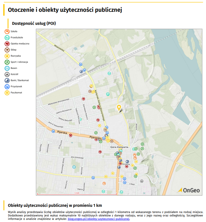 Przykładowy raport otoczenia i obiektów użyteczności publicznej dla wybranej działki.