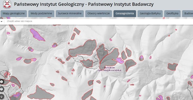 Mapa osuwisk - przejście z Raportów o Terenie na stronę Państwowego Instytutu Geologicznego