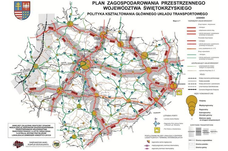 Przykładowy plan zagospodarowania przestrzennego województwa świętokrzyskiego - Polityka kształtowania głównego układu  transportowego, źródło: ŚBRR
