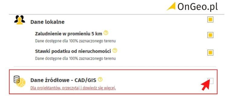 Zaznacz Dane źródłowe CAD/GIS /OnGeo.pl/