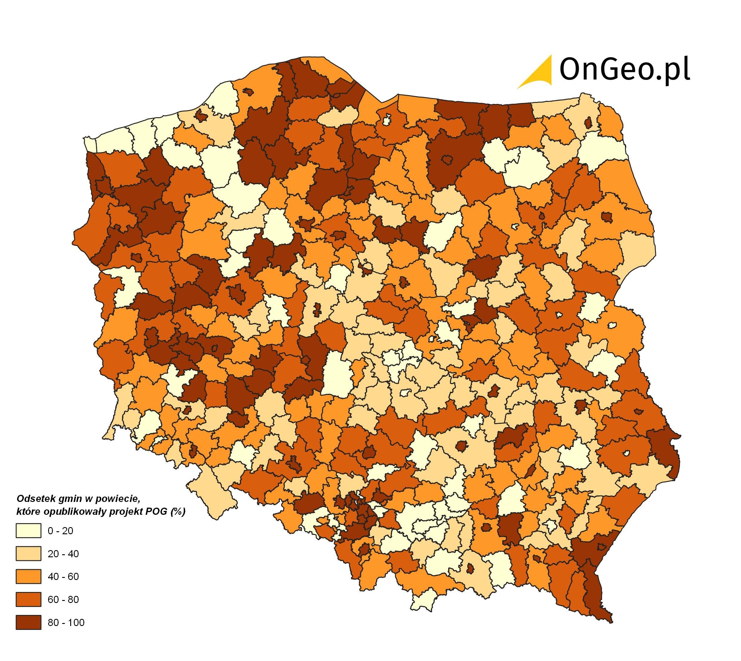 Odsetek gmin w powiecie, które opublikowały projekt POG [%]. Stan na dzień 15.04.2026r.  Źródło: Geoportal Na Mapie