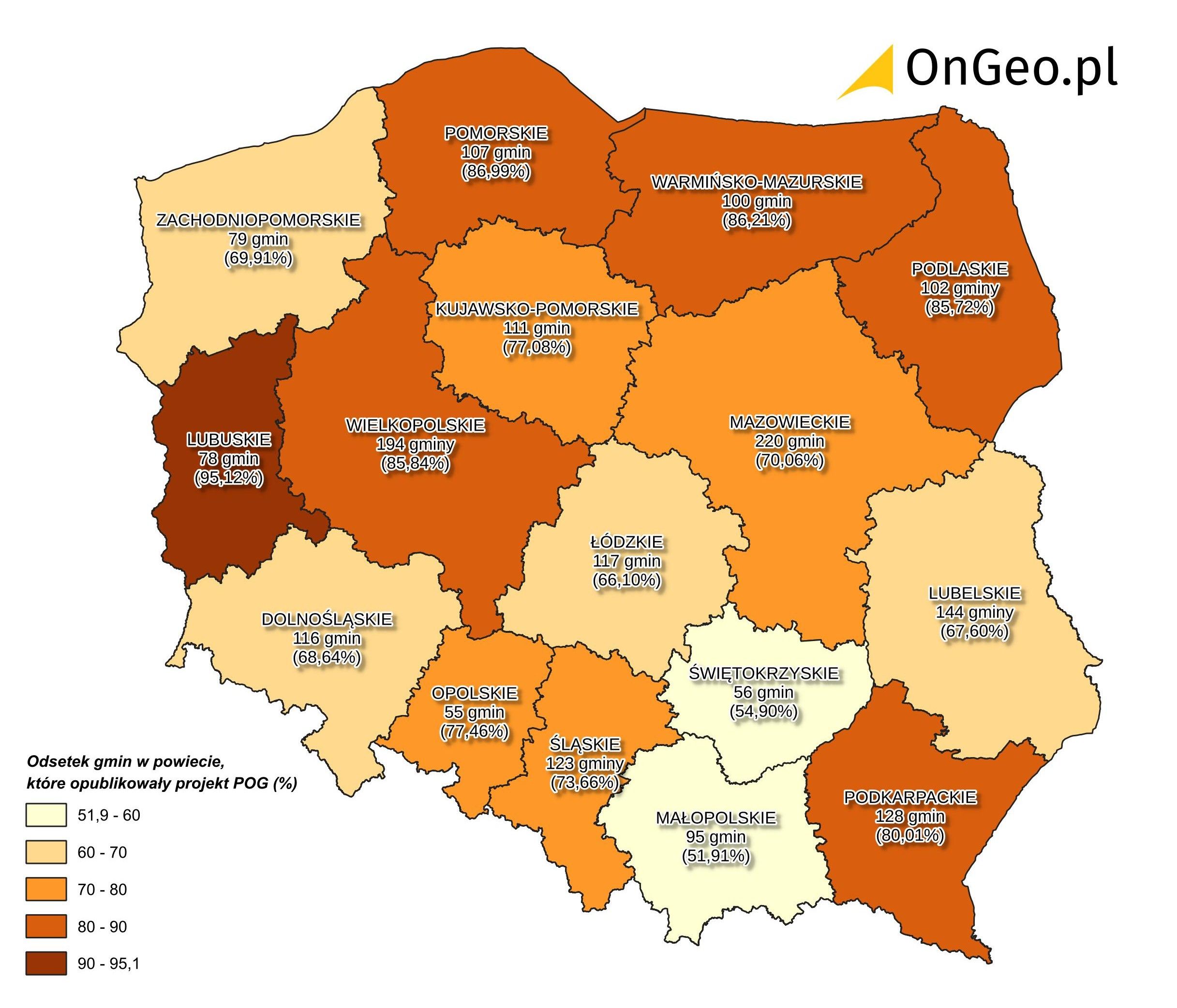 Odsetek gmin w województwie, które opublikowały i uchwaliły projekt POG [%]. Stan na dzień 13.08.2026r. Źródło: Geoportal Na Mapie