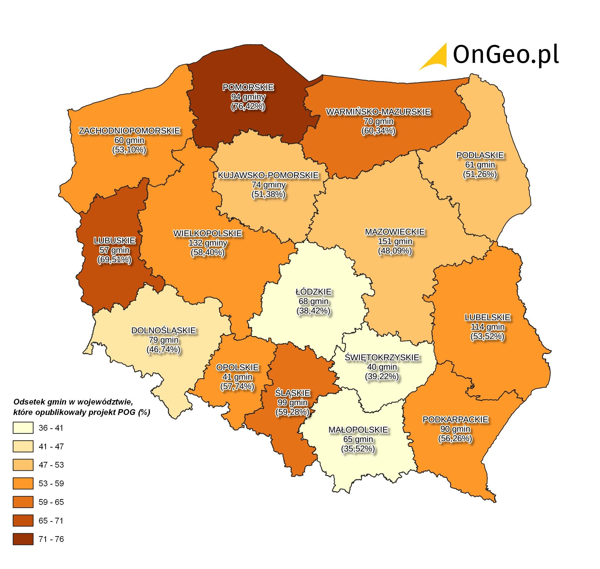 Odsetek gmin w województwie, które opublikowały i uchwaliły projekt POG [%]. Stan na dzień 15.04.2026r. Źródło: Geoportal Na Mapie
