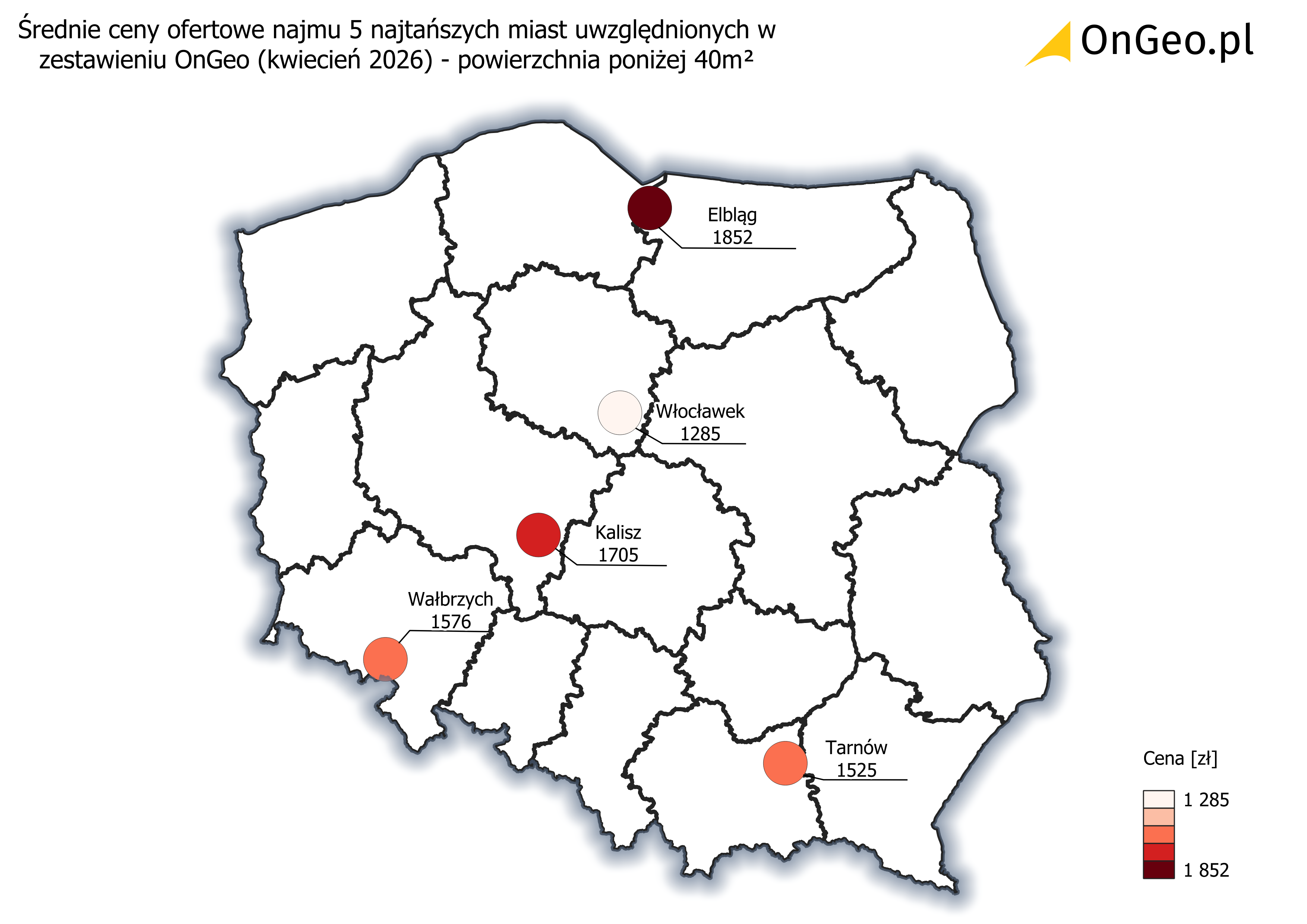 Średnie ceny ofertowe najmu kawalerki (<40 m²) - 5 najtańszych miast, kwiecień 2026.
