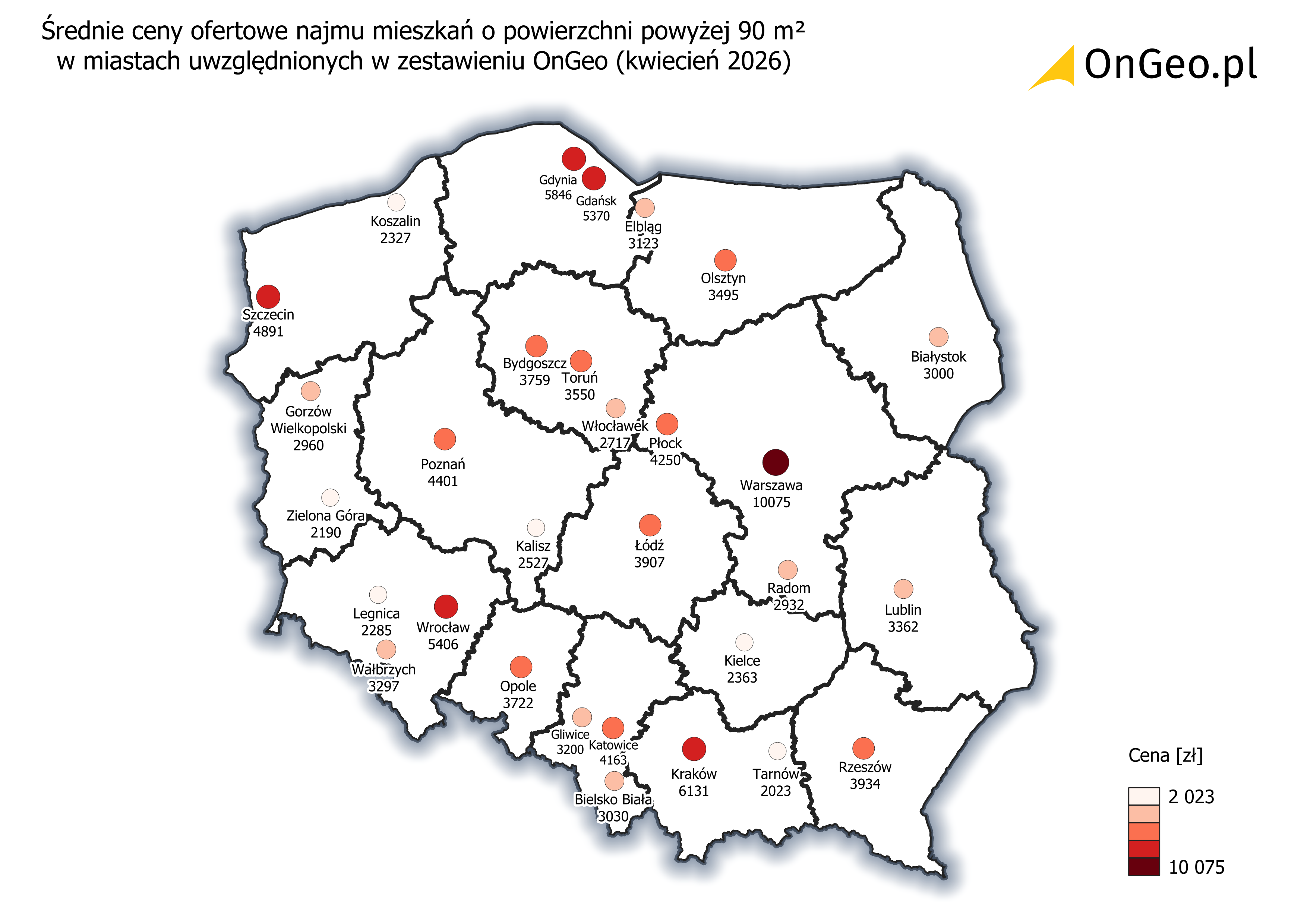 Średnie ceny ofertowe najmu mieszkań powyżej 90 m2