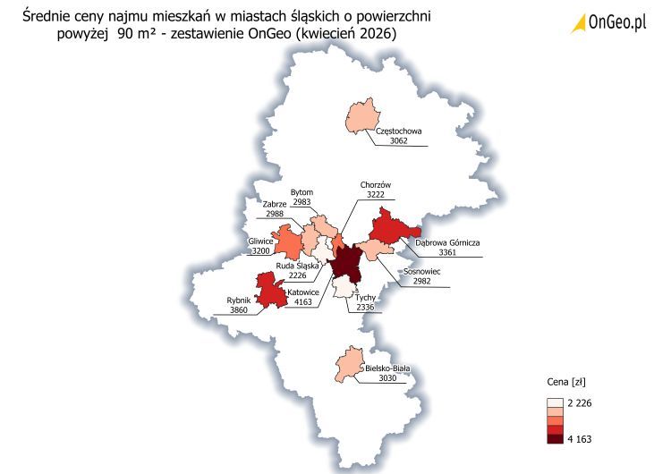 Średnie ceny najmu mieszkań powyżej 90 m² w miastach śląskich, zestawienie OnGeo, kwiecień 2026.