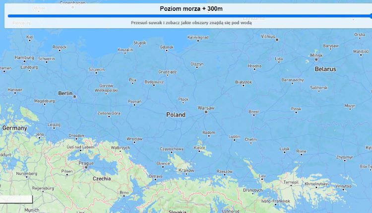 Co stałoby się, gdyby poziom morza podniósł się o 300 metrów? źródło: streetmap.pl