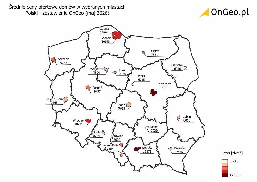Średnie ceny ofertowe domów w wybranych miastach Polski, maj 2026. 