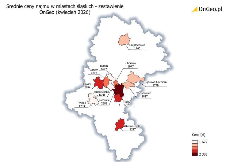 Średnie ceny najmu mieszkań w miastach śląskich, zestawienie OnGeo, kwiecień 2026. Źródło: OnGeo.pl