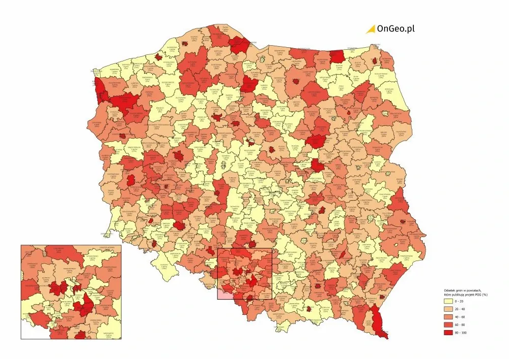 Odsetek gmin w powiecie, które opublikowały projekt POG [%]. Źródło: Geoportal Na Mapie