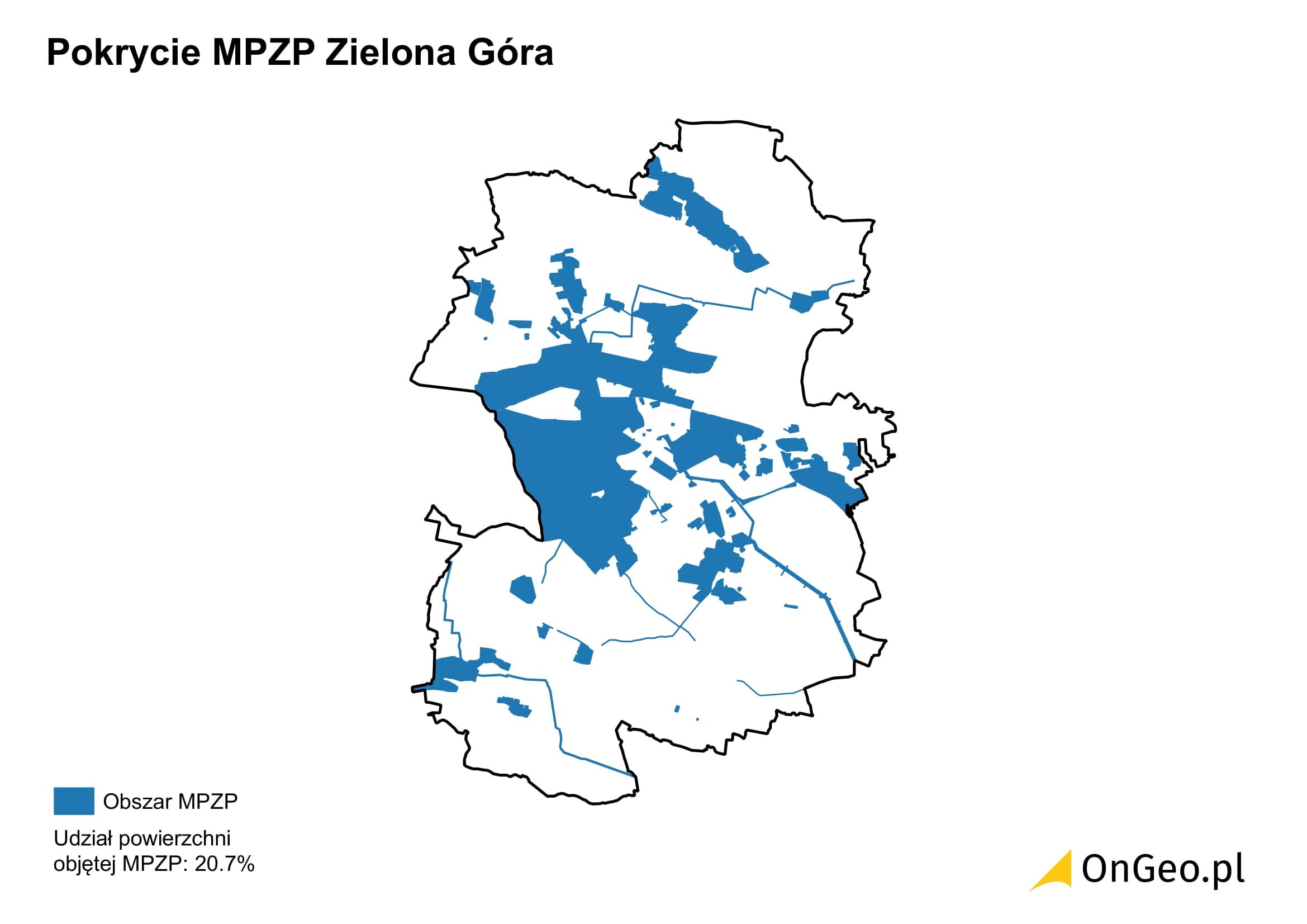 Pokrycie miejscowymi planami Zielona Góra 2025 OnGeo