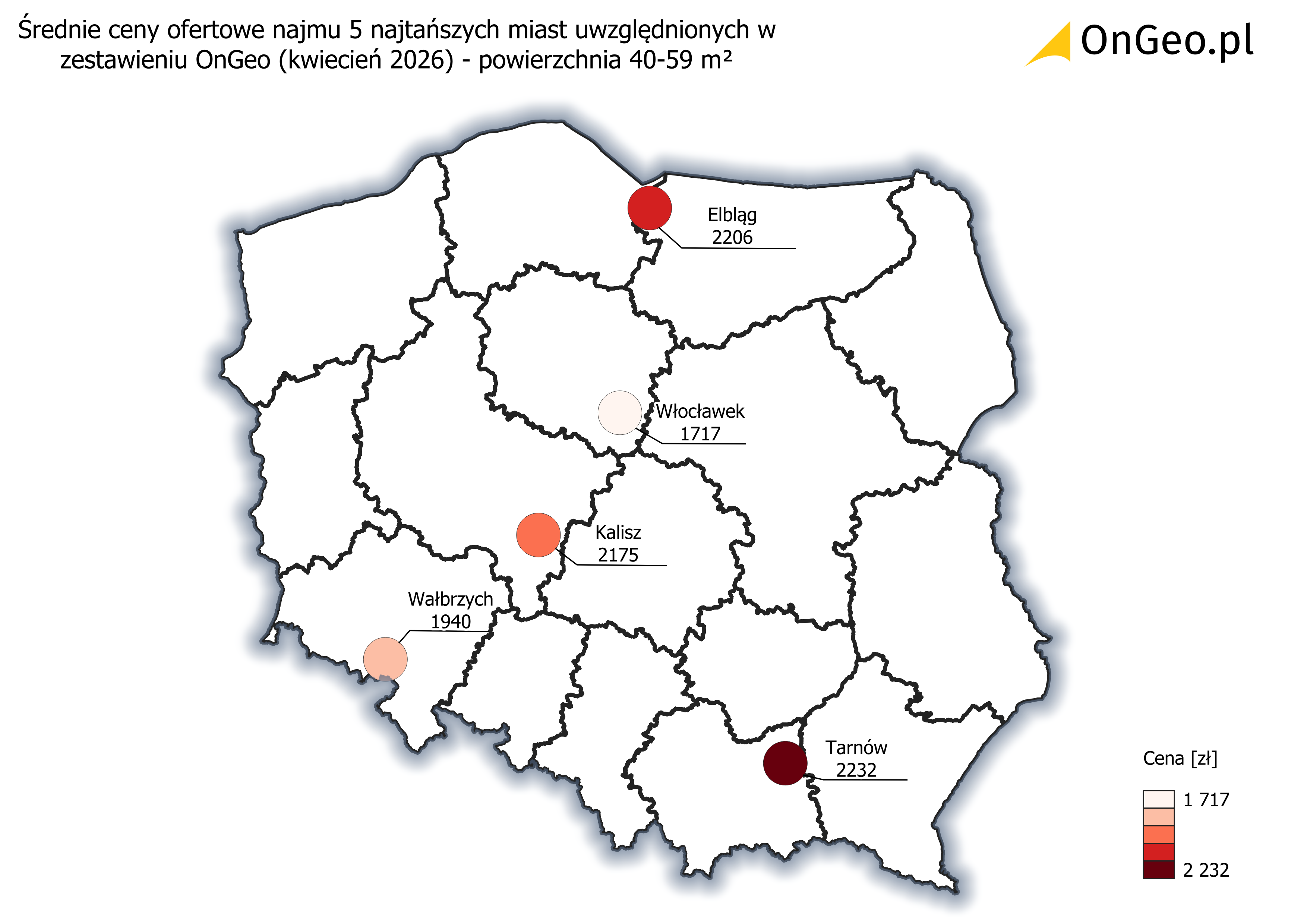 Średnie ceny ofertowe najmu 40-59 m² - 5 najtańszych miast, kwiecień 2026.