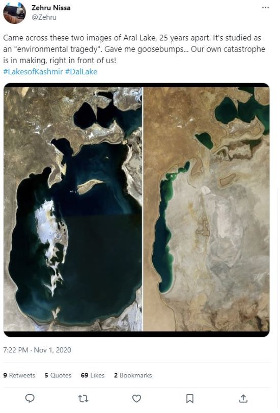 Jezioro Aralskie na przestrzeni ostatnich 25 lat, źródło: Tweeter 