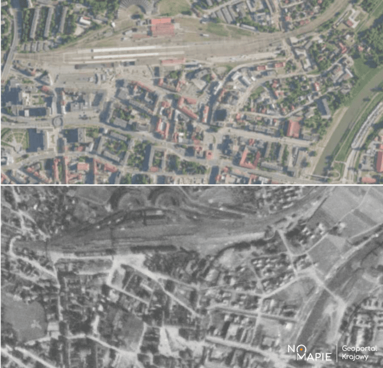 Okolice ulicy Batorego w Rzeszowie. Ortofotomapa aktualna i z 1944 roku. /Na Mapie/