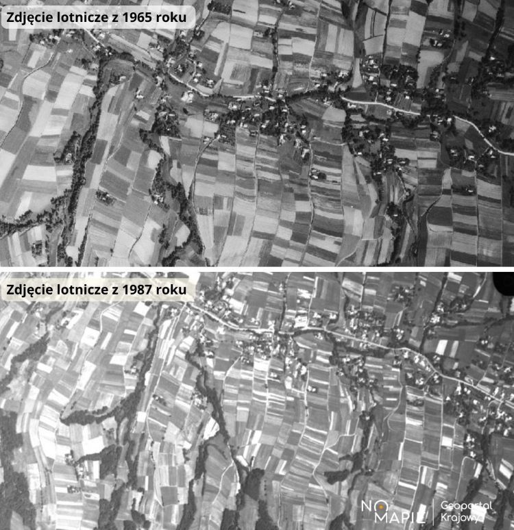 Porównanie starych zdjęć lotniczych w lat 1965 i 1987, fot. Geoportal Krajowy Na Mapie