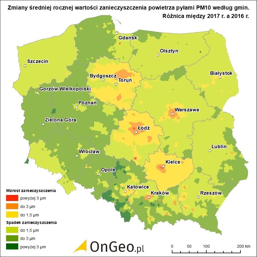 Źródło: Opracowanie własne Raporty o Terenie OnGeo.pl – Porównanie zmian zanieczyszczenia powietrza pyłami PM10 w Polsce.