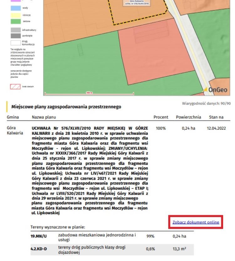 Fragment Raportu o terenie z MPZP, OnGeo.pl